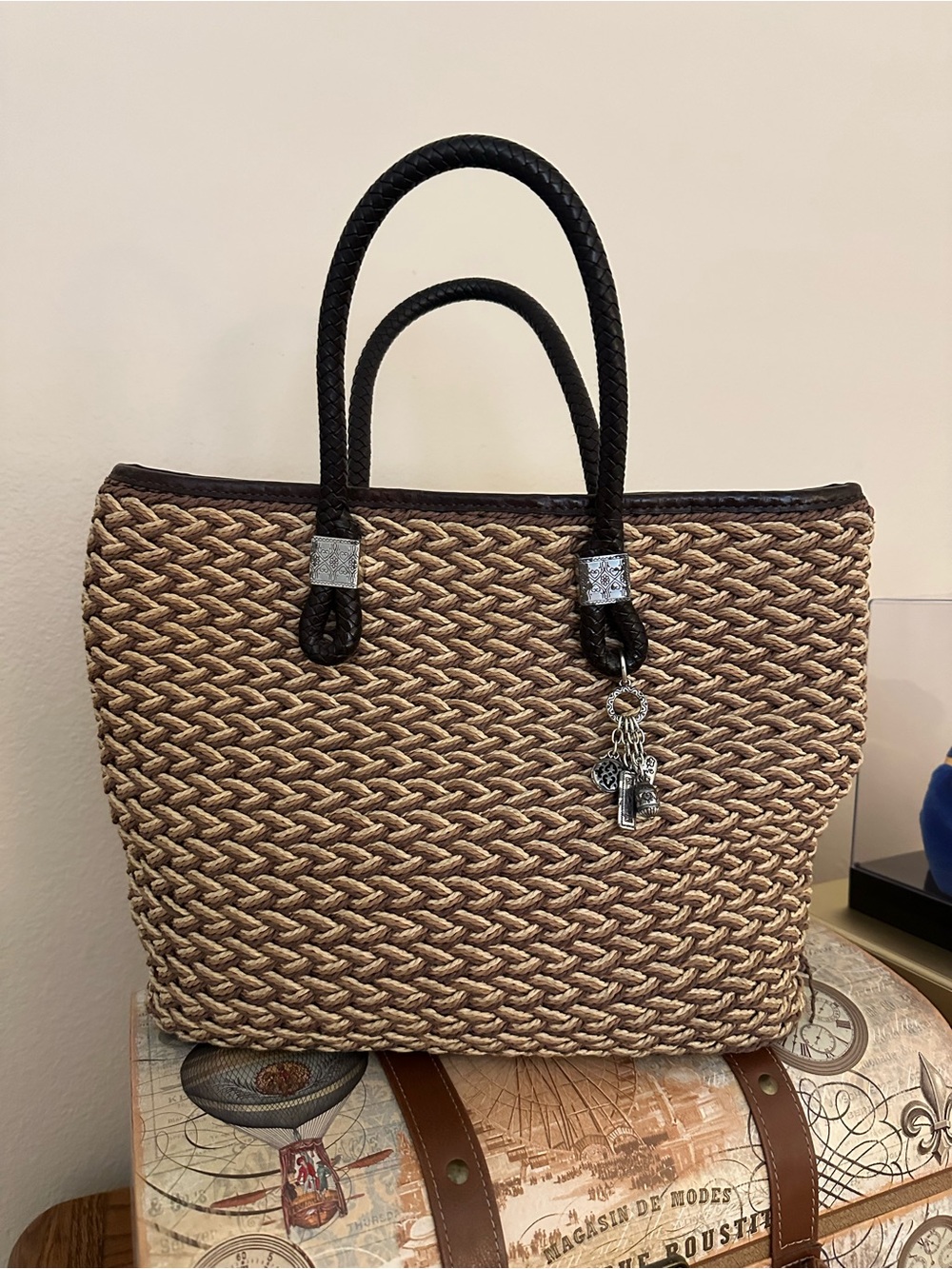 Brighton Woven Straw Tote Bag with Dark Brown Handles
